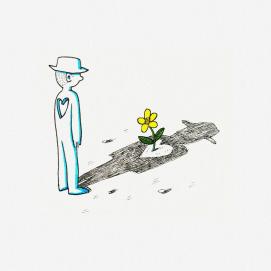 Zeichnung eines Mannes, dessen Herz ein Loch ist und seinen Schatten auf den Boden wirft, wo eine gelbe Blume erblüht.