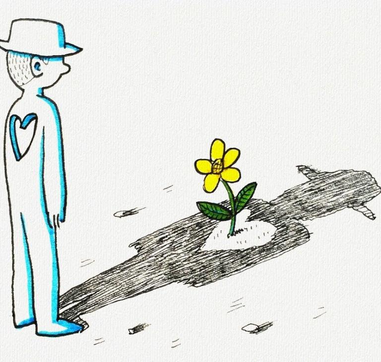 Zeichnung eines Menschen mit Herzloch das Schatten auf den Boden wirft und eine gelbe Blume erblüht.