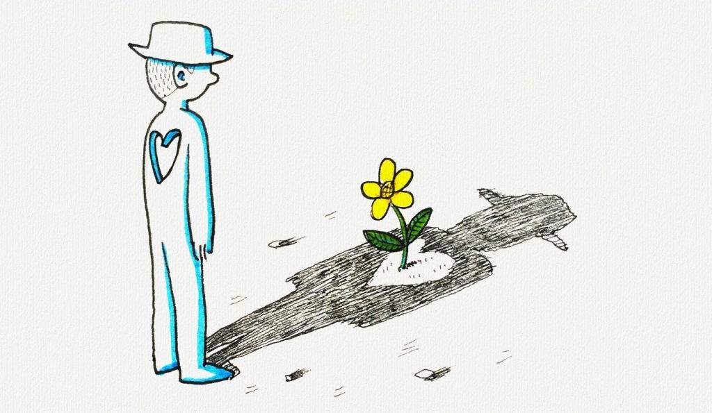 Karikatur eines Menschen, der sein Herz im Schatten findet